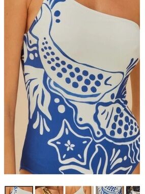 FARM Rio One-Shoulder Blue and White Printed Swimsuit